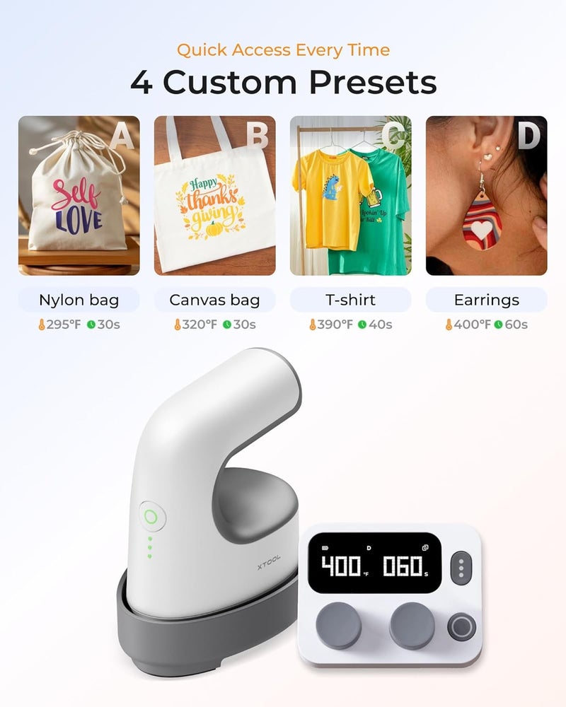 XTOOL Mini Heat Press Machine with Wireless Control Pod- Ultra Light Portable Small Heat Press Machine for T-Shirts Shoes Hats, 4 Custom Presets & Fast Heating Mini Iron for Crafting Heating Transfer - Image 4